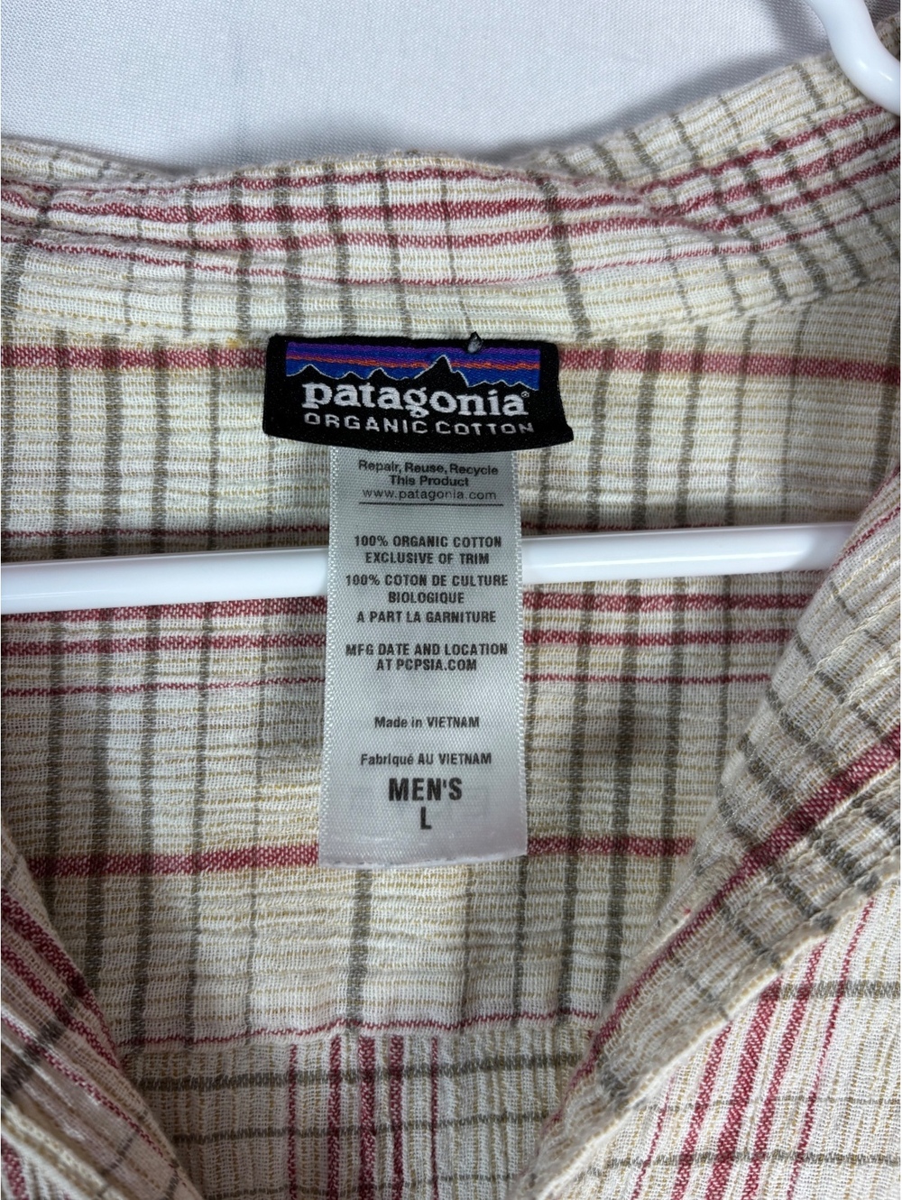 Patagonia Men's L Organic Cotton Plaid Short Sleeve Button Up Shirt Beige Red - Picture 3 of 4